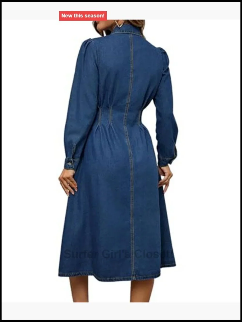 Women's Long Sleeve Denim Dress Ruched High Waist Button Down Jean Dress with